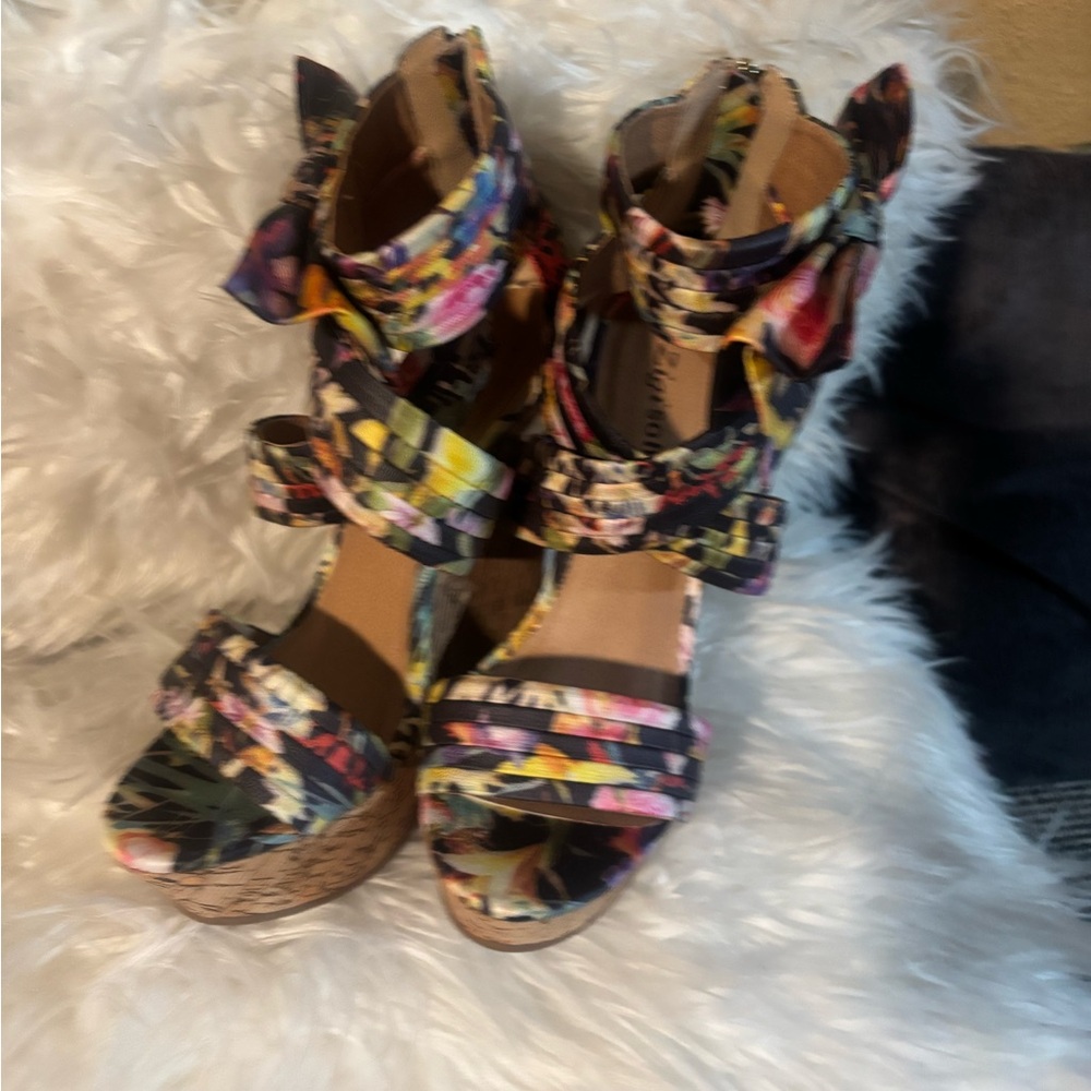 Zigi Soho Floral Multi-Color Ankle Tie Wedge Sandals
